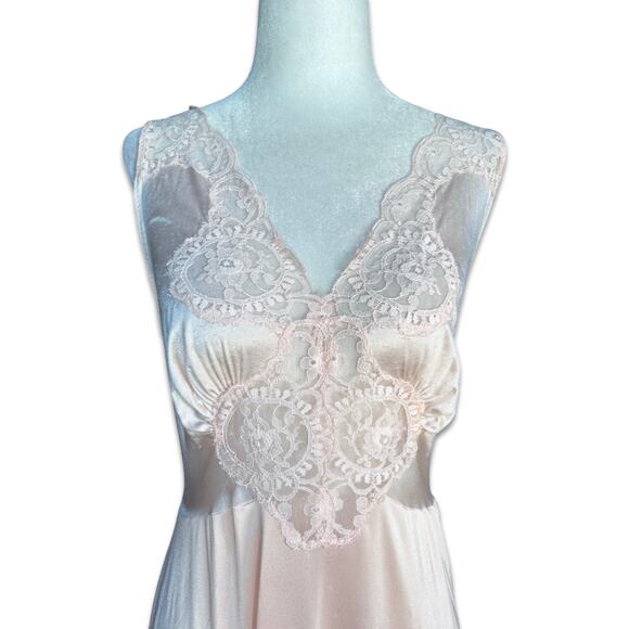 Vintage Baby Pink Lace Slip Maxi Dress 70s Nylon Nightgown Romantic Boudoir - Picture 12 of 13